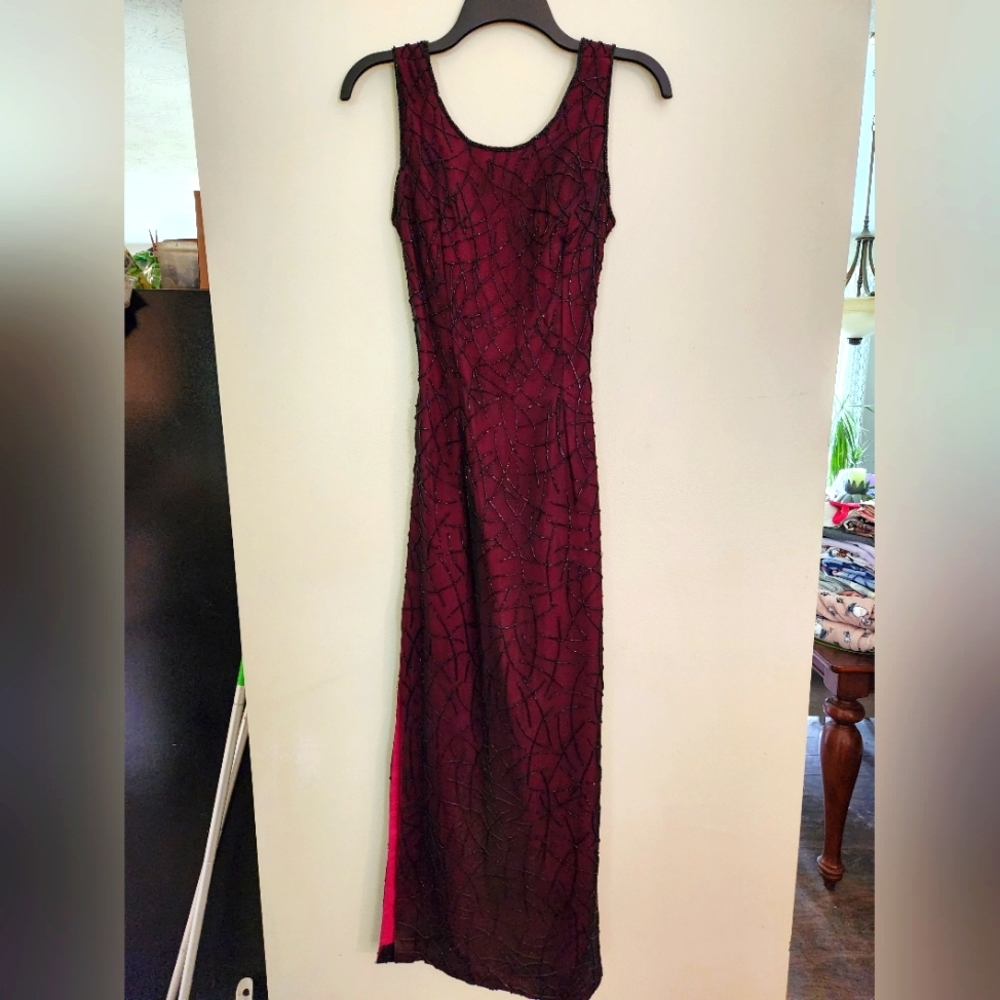 XS Burgundy Silk Black Beaded Gown